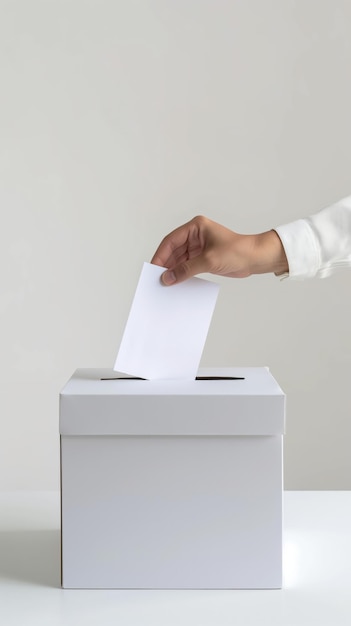 Voto à mão numa urna branca sobre um fundo branco simples sob iluminação brilhante