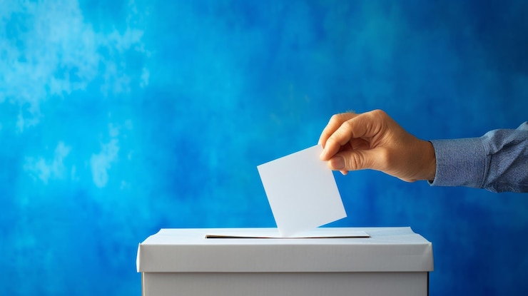 Foto voto a mano en una urna de votación fondo azul democracia y concepto electoral