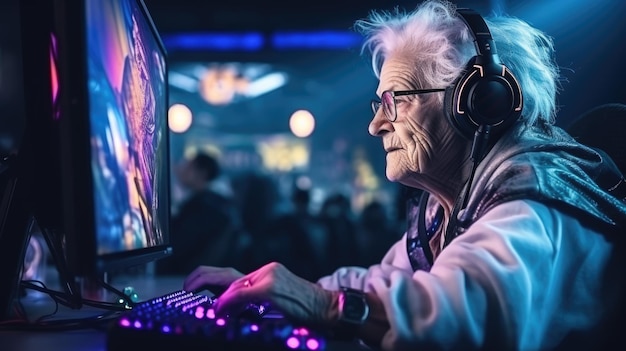 Foto vovó é uma jogadora em um clube de informática mulher hacker idosa em luz neon gerada por ia