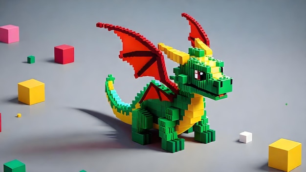 Voxel bonito pixel art dragão em toda a altura de pequenos cubos estilo de jogo Minecraft estilo 3D
