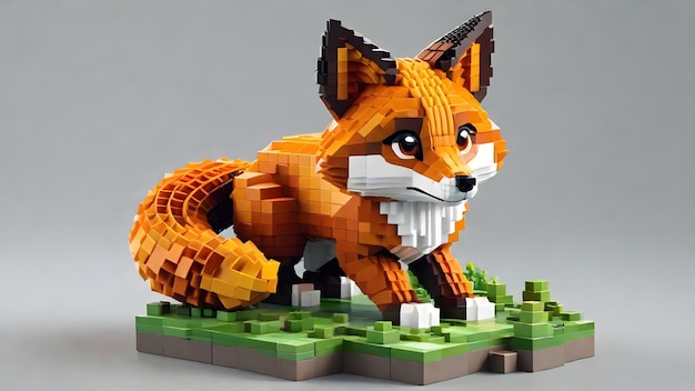 Voxel fox bonito bebê animal feito de cubos 3D ilustração para videogame pixel art estilo Minecraft