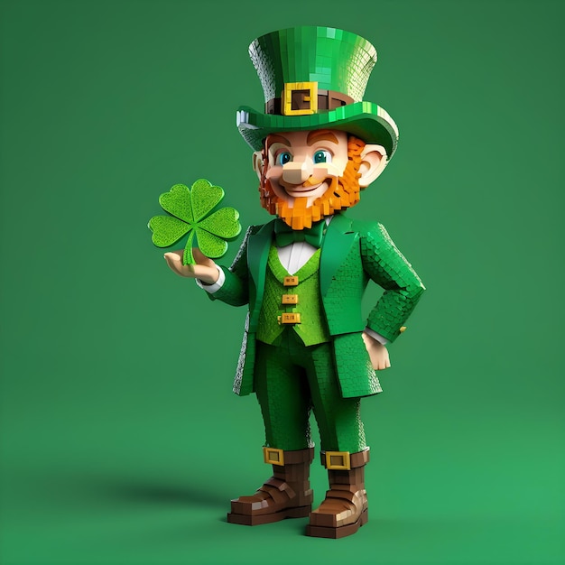 Voxel leprechaun 3d clipart em altura total em fundo branco St Patrick's Day estilo Minecraft