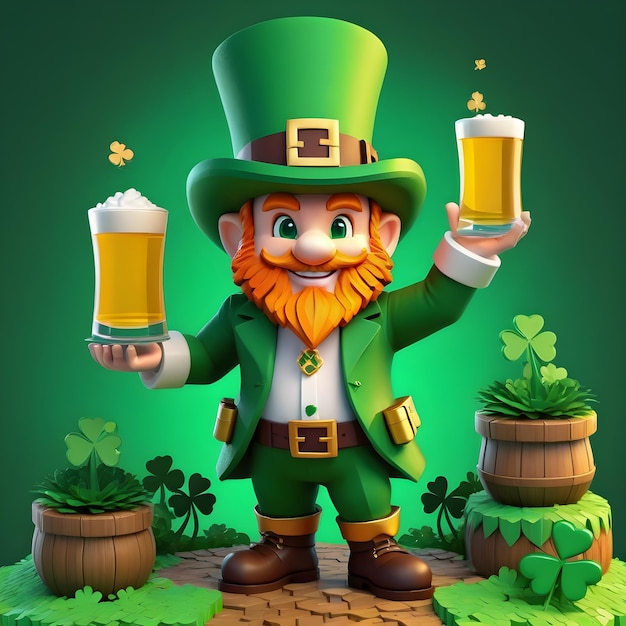 Voxel leprechaun 3d clipart em altura total em fundo branco St Patrick's Day estilo Minecraft