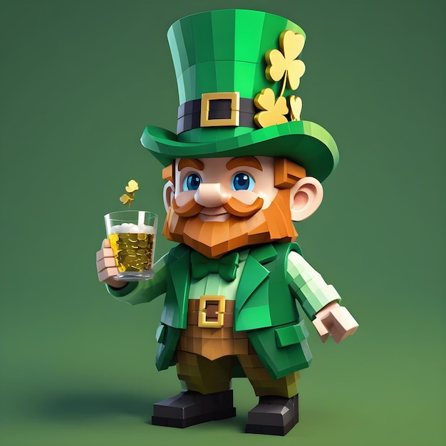 Voxel leprechaun 3d clipart em altura total em fundo branco St Patrick's Day estilo Minecraft