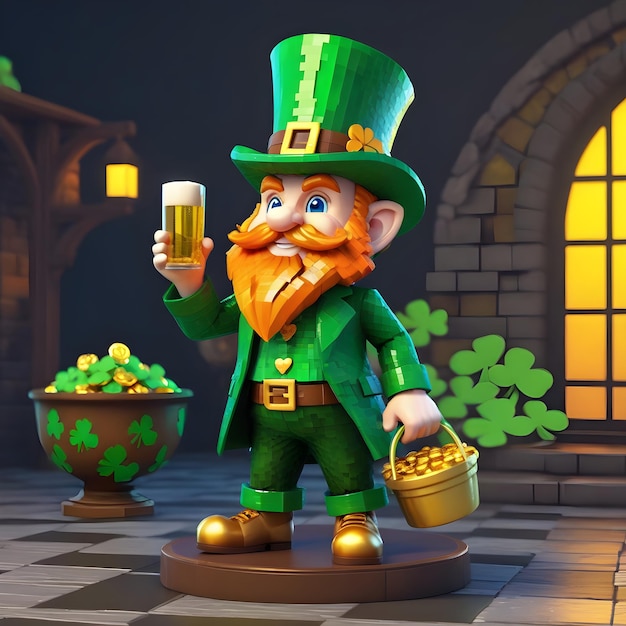 Voxel leprechaun 3d clipart em altura total em fundo branco St Patrick's Day estilo Minecraft