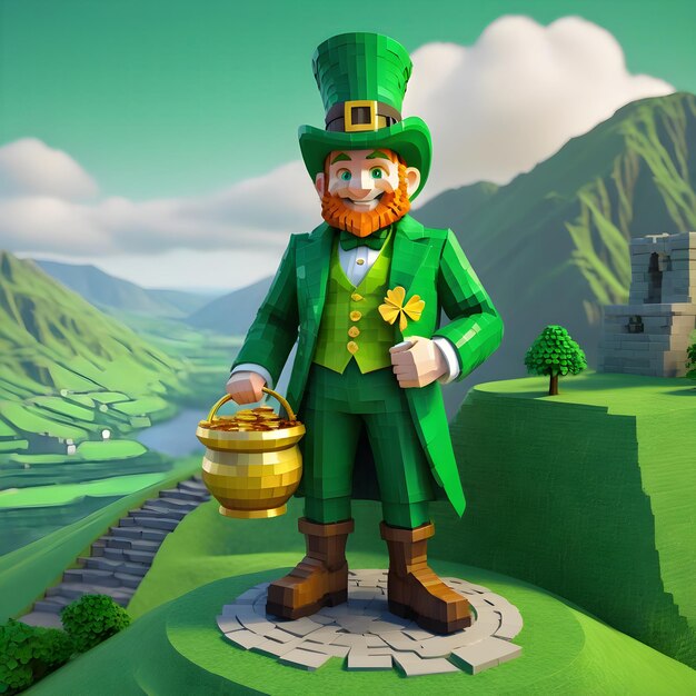 Voxel leprechaun 3d clipart em altura total em fundo branco St Patrick's Day estilo Minecraft