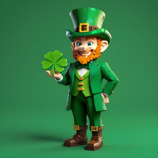 Voxel Leprechaun 3D-Clipart in voller Höhe auf weißem Hintergrund St. Patrick's Day Minecraft-Stil