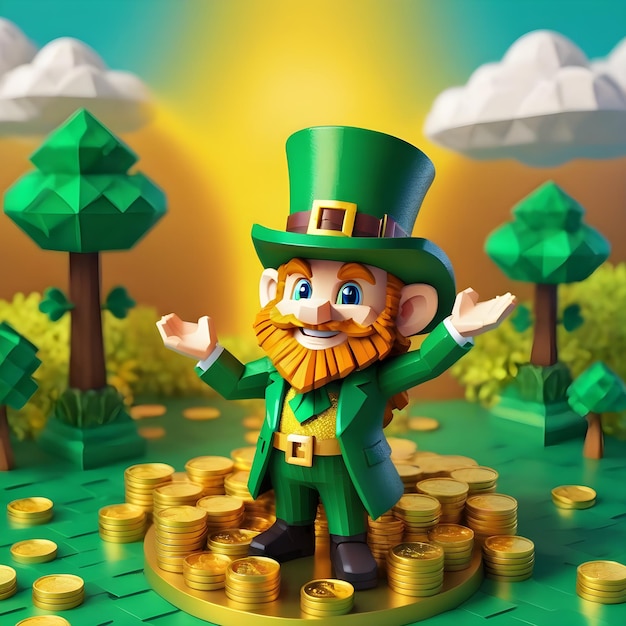 Voxel leprechaun 3d clipart a toda altura sobre fondo blanco estilo Minecraft del día de San Patricio