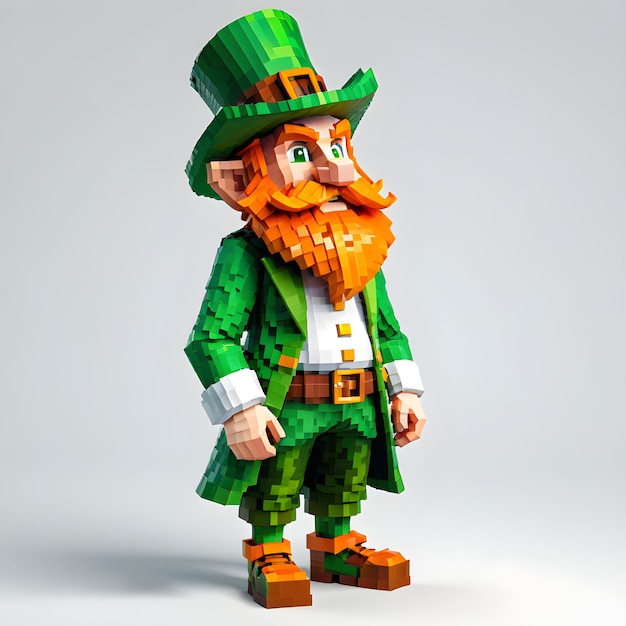 Voxel leprechaun clipart em altura completa em fundo branco St Patrick's Day estilo Minecraft