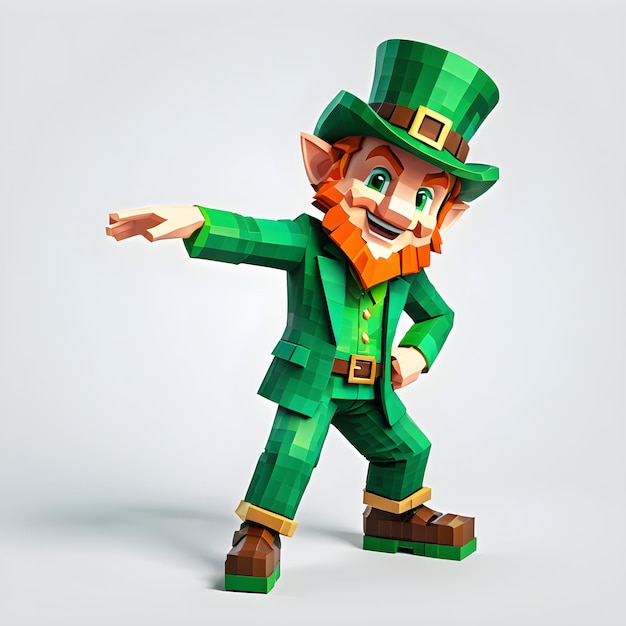 Voxel leprechaun clipart em altura completa em fundo branco St Patrick's Day estilo Minecraft