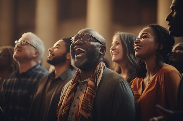 Foto vozes harmoniosas se unem na diversidade banner cativante para conferências da igreja, desenvolvido com ia generativa