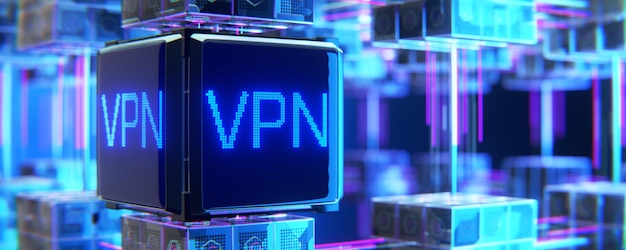 VPN é uma inscrição VPN de rede virtual segura em uma renderização 3d de banner futurista