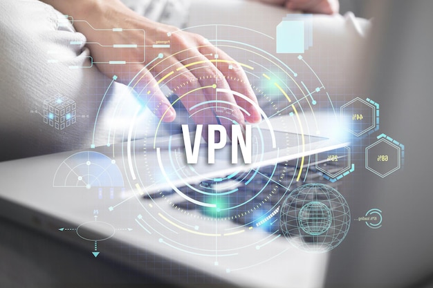 VPN Rede privada virtual Conceito de privacidade de conexão com a Internet Laptop moderno e visão aproximada da mão do usuário foto