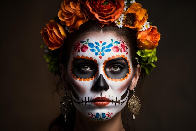 VPortrait de uma mulher vestindo dia dos mortos traje de caveira mexicana Generative ai