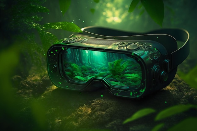 VR-Brille auf grünem Wald