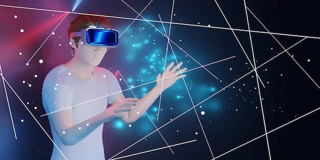 Vr-Brille Mann erlebt virtuelle Realität mit Gerät vr-Headset vr-Brille 3D-Illustration