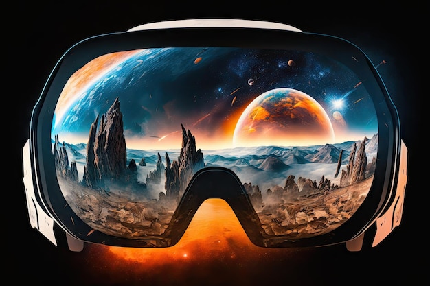 Foto vr-headset-doppelbelichtungsbrille mit reise in den weltraum und zum planeten