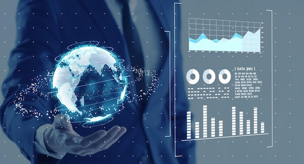 VR realidade virtual metaverso trabalho de escritório reunião conferência negócios finanças globais gráfico de ações análise de dados de investimento misturar realidade apresentação 3D