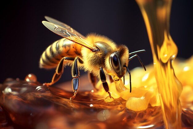 En vuelo, una abeja adorna un tarro de miel que brilla en delicadas gotas.