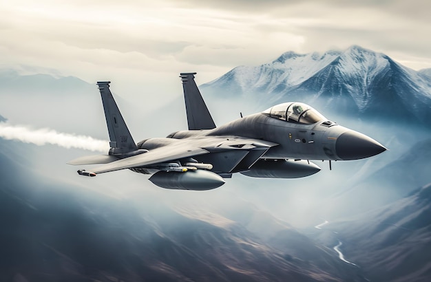 Vuelo de un avión de combate militar en el fondo del cielo nublado