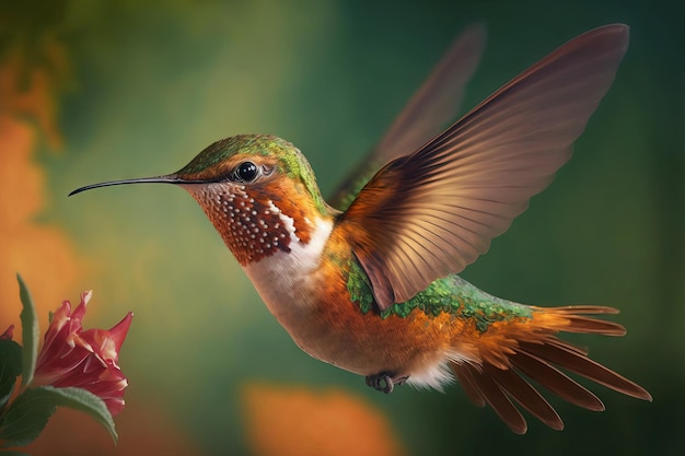 En vuelo, un colibrí rufo consume néctar sobre un fondo verde