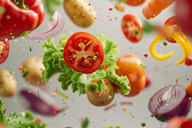 Vuelo dinámico de una variedad de verduras y hierbas frescas