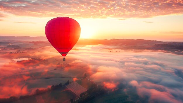 Foto vuelo en globo de aire caliente al amanecer sobre fieldsxa