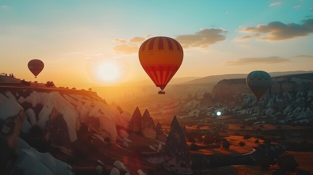 Vuelo en globo al amanecer sobre pintorescos valles y rocas aventura en globo de aire caliente paisaje tranquilo tranquilo e inspirador cielos de ensueño en la luz de la mañana IA