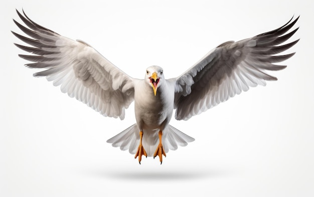 Vuelo hermoso pájaro gaviota blanca aislado sobre fondo blanco