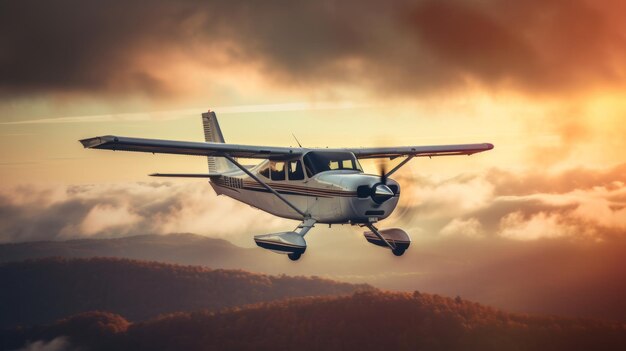 Foto vuelo de la hora dorada pequeño avión que se eleva sobre colinas cubiertas de nubes