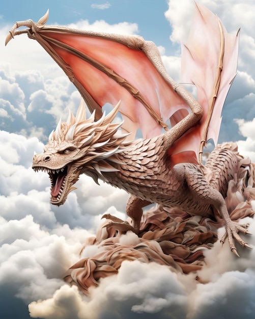 vuelo impresionante de un dragón mítico mientras se eleva a través de las nubes en un papel 3D