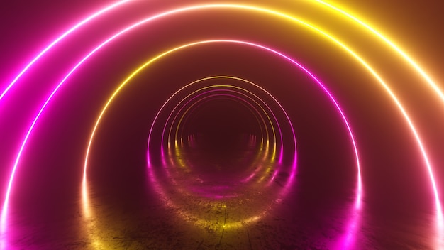 Vuelo infinito dentro del túnel, fondo abstracto de luz de neón, arcada redonda, portal, anillos, círculos, realidad virtual, espectro ultravioleta, espectáculo de láser, reflexión de piso de metal. Ilustración 3d