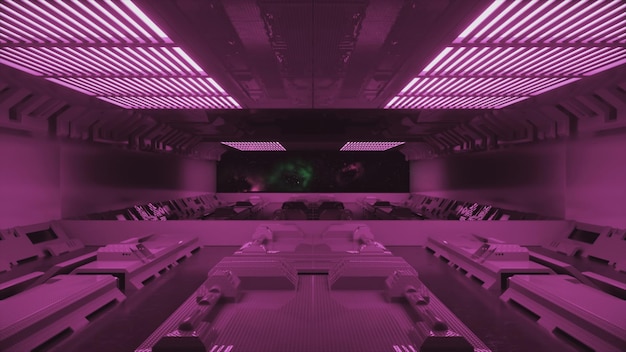 Foto vuelo interminable a través del túnel dentro del compartimento de carga de una nave espacial, vista del espacio abierto delante de color púrpura