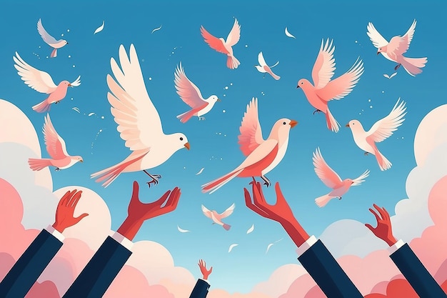 Vuelo de libertad Liberando el amor propio Aves en el cielo en ilustración de vector plano