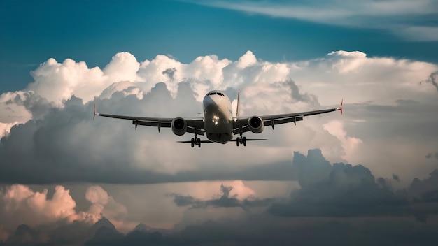 Vuelo de subida de aviones contra las nubes cumulus en el cielo