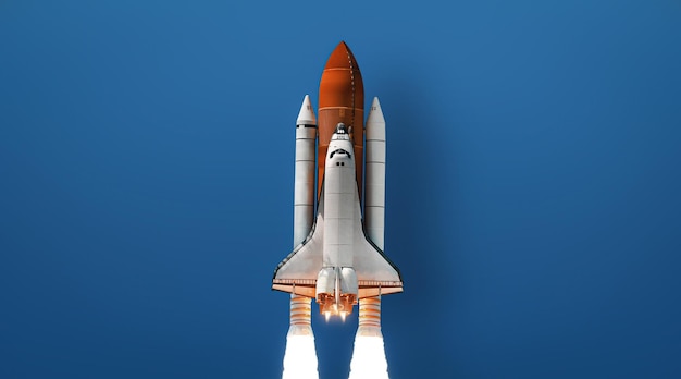 Vuelo del transbordador espacial. Banner de cohete de nave espacial sobre fondo azul. Vuelo de nave espacial