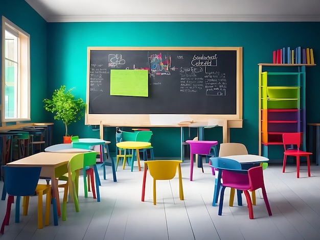 De vuelta a las aulas de la escuela Sillas y mesa fondo colorido Ai Generado