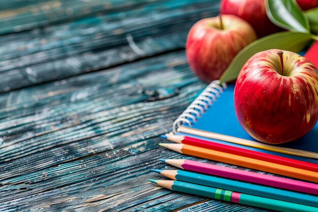 De vuelta a la escuela Banner de concepto con manzanas rojas lápices de color y cuaderno de notas sobre fondo de madera