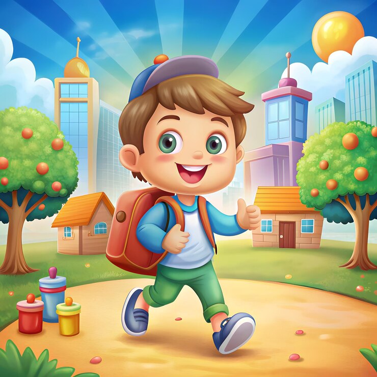 De vuelta a la escuela celebrando el año nuevo con un cartel de un niño de dibujos animados