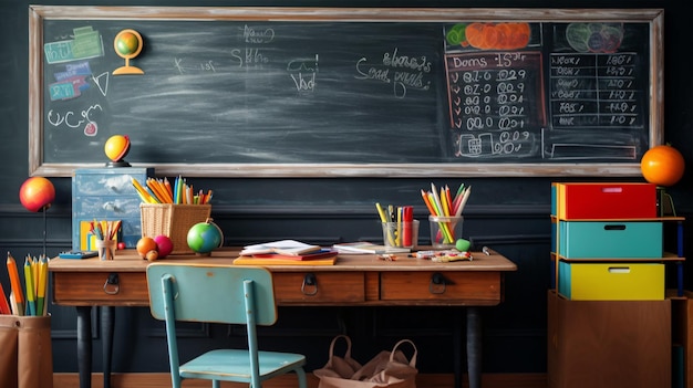 Foto de vuelta a la escuela escena de clase vibrante llena de coloridas sillas y escritorios coloridos papelería y una pizarra que muestra citas inspiradoras