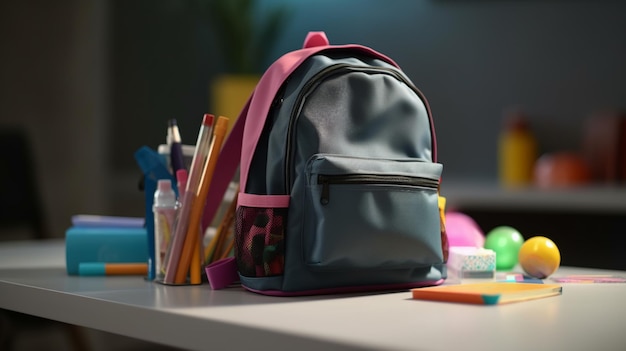 De vuelta a la escuela con estilo mochila con diferentes artículos de papelería de colores en la mesa