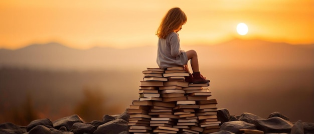 de vuelta a la escuela feliz lindo niño trabajador sentado en la torre de libros en el fondo de la puesta de sol