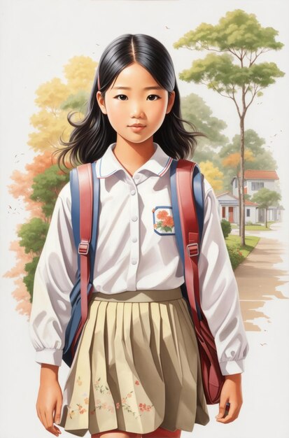 De vuelta a la escuela feliz mochila chica asiática primer día