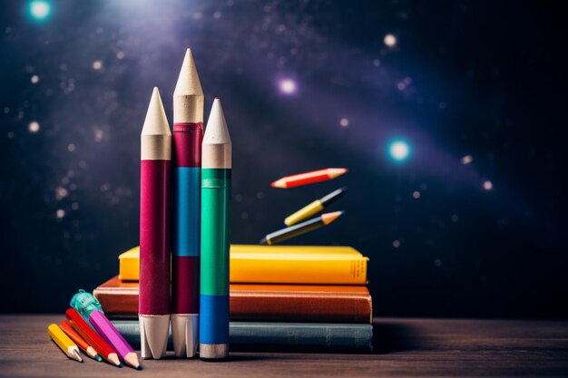 De vuelta a la escuela libros y lápices con boceto de cohete