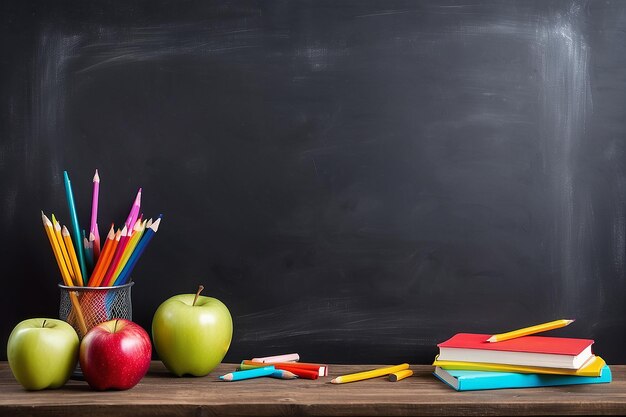 Foto de vuelta a la escuela con libros lápices y manzana sobre pizarra y mesa de madera