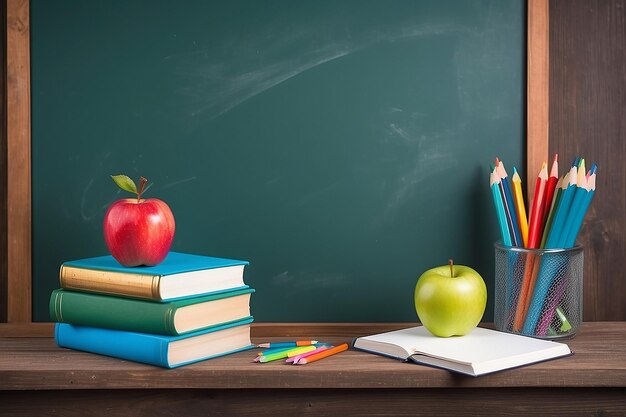 Foto de vuelta a la escuela con libros lápices y manzana sobre pizarra y mesa de madera