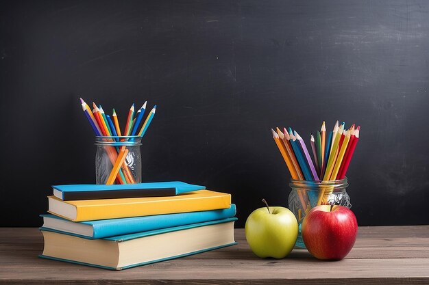 Foto de vuelta a la escuela con libros lápices y manzana sobre pizarra y mesa de madera