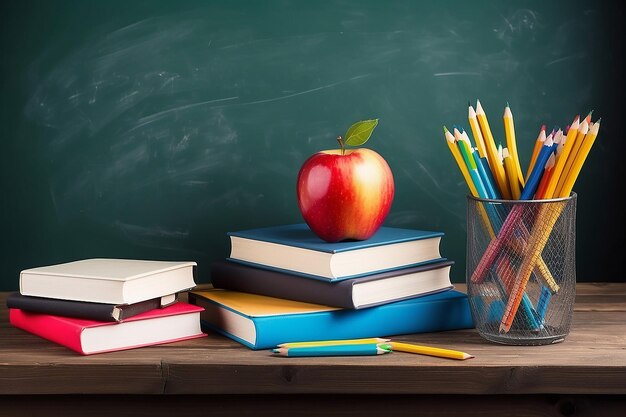 De vuelta a la escuela con libros lápices y manzana sobre pizarra y mesa de madera