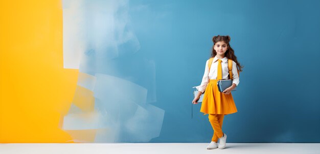 Foto de vuelta a la escuela niña con bolsa y fondo vibrante