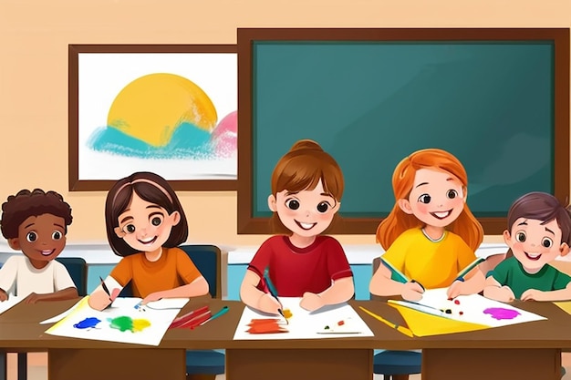 De vuelta a la escuela niños creativos felices jugando a pintar dibujando en la clase de arte Educación y disfrute Concepto